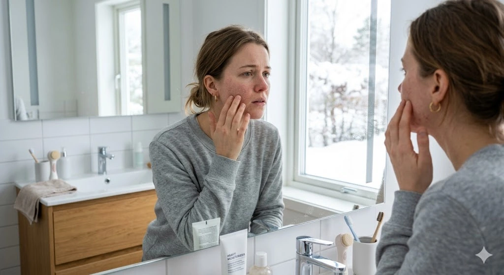 Woman dealing with dry skin during winter