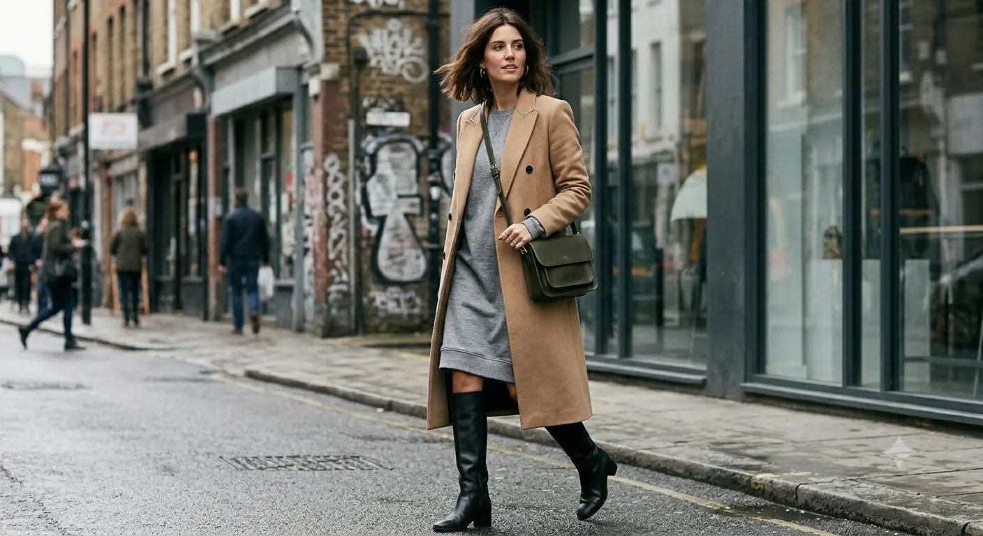 sweatshirt dress outfit with knee-high boots and structured outerwear sweatshirt dress trend