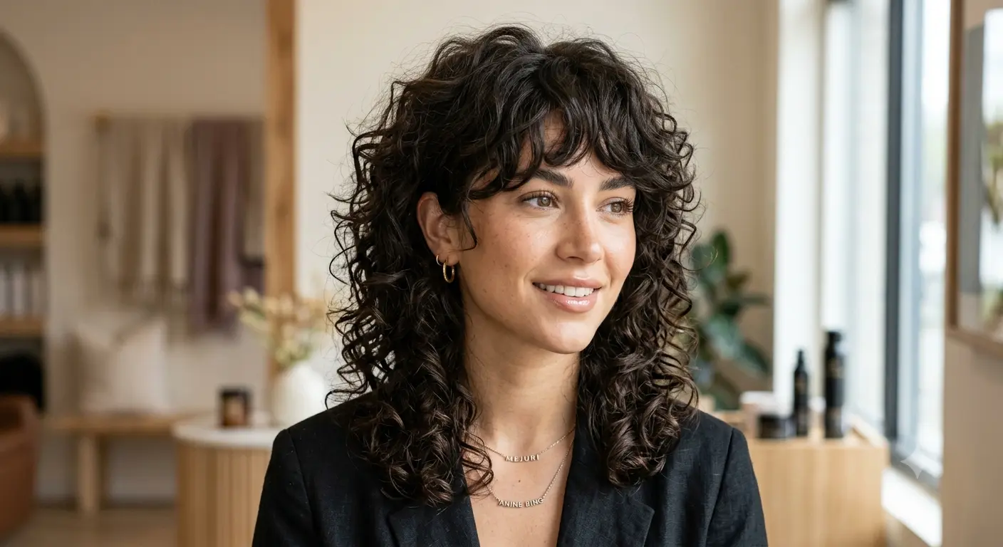 Woman wearing a modern curly shag haircut with defined curly shag haircut 2026
