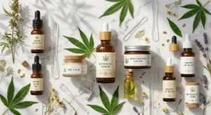 CBD skincare products flat lay with serum bottles, cream jars, and hemp leaves on clean marble surface