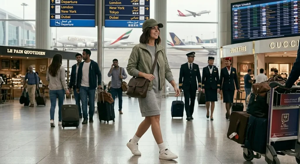 cozy sweatshirt dress trend with tights and layered coat