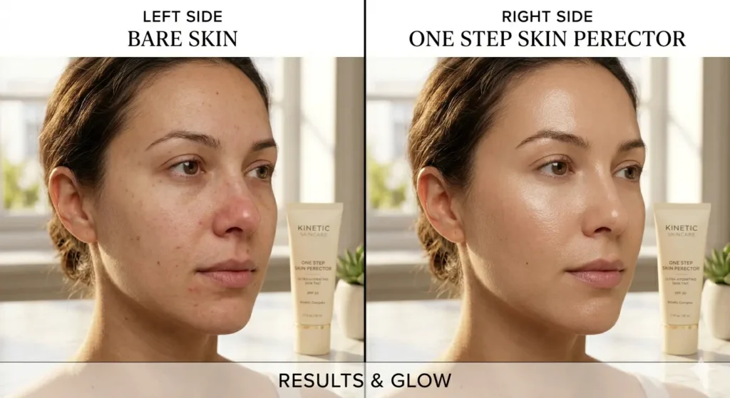 Before and after comparison showing skin appearance with One Step Skin Perfector applied.