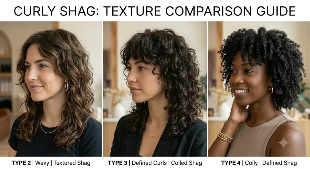 Comparison of curly shag haircuts on wavy, curly, and coily hair types