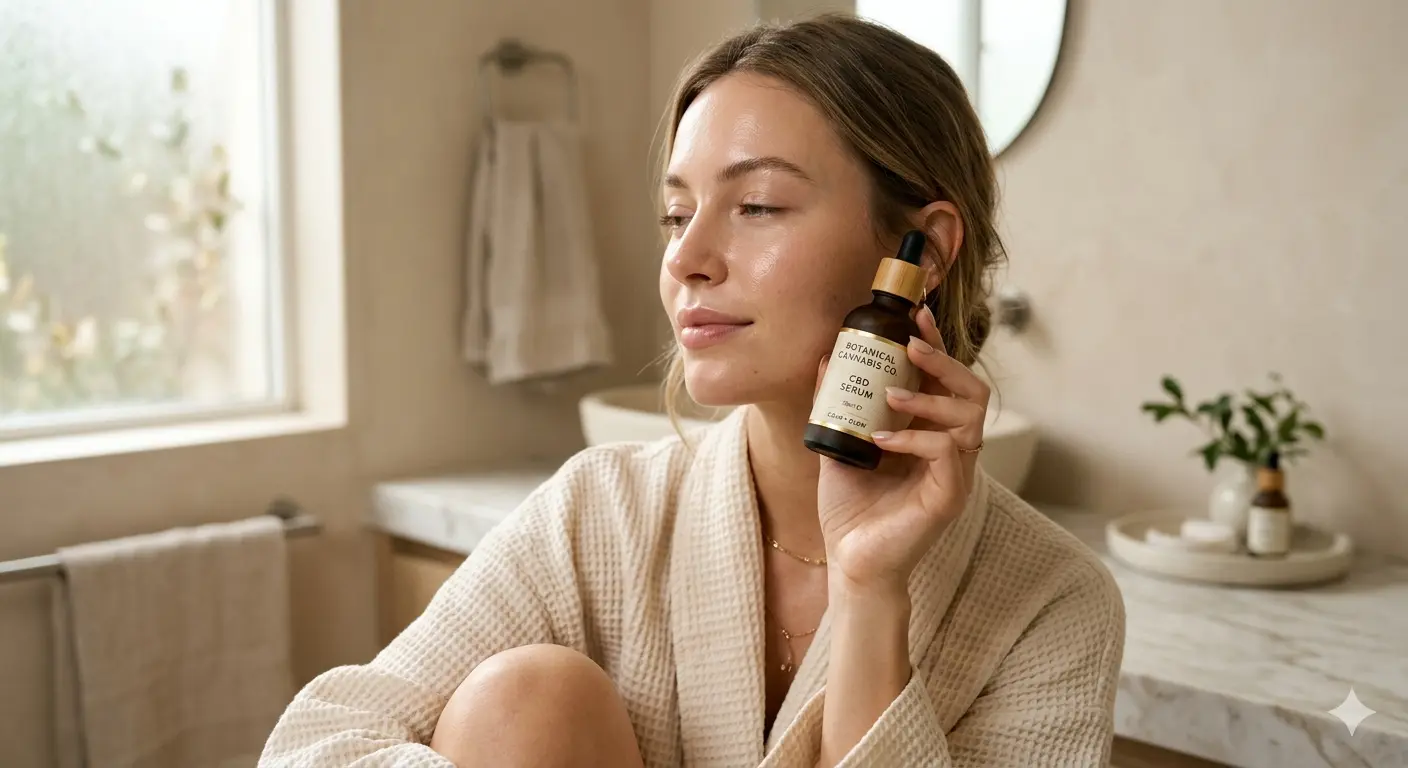 Woman applying CBD skincare serum on glowing skin in a luxury bathroom with soft natural light, skincare routine 2026
