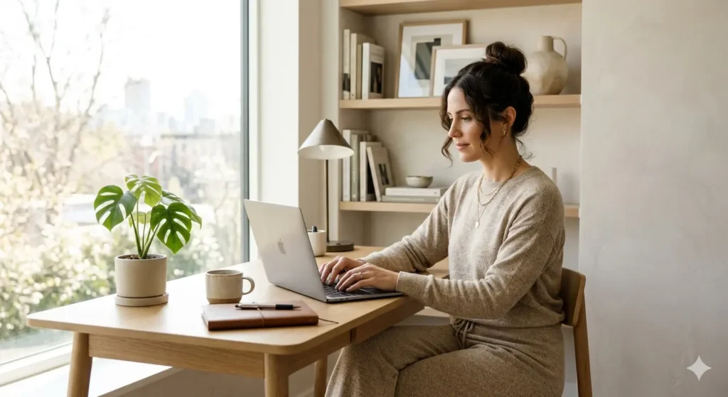 Woman working from home in a comfortable knit loungewear set