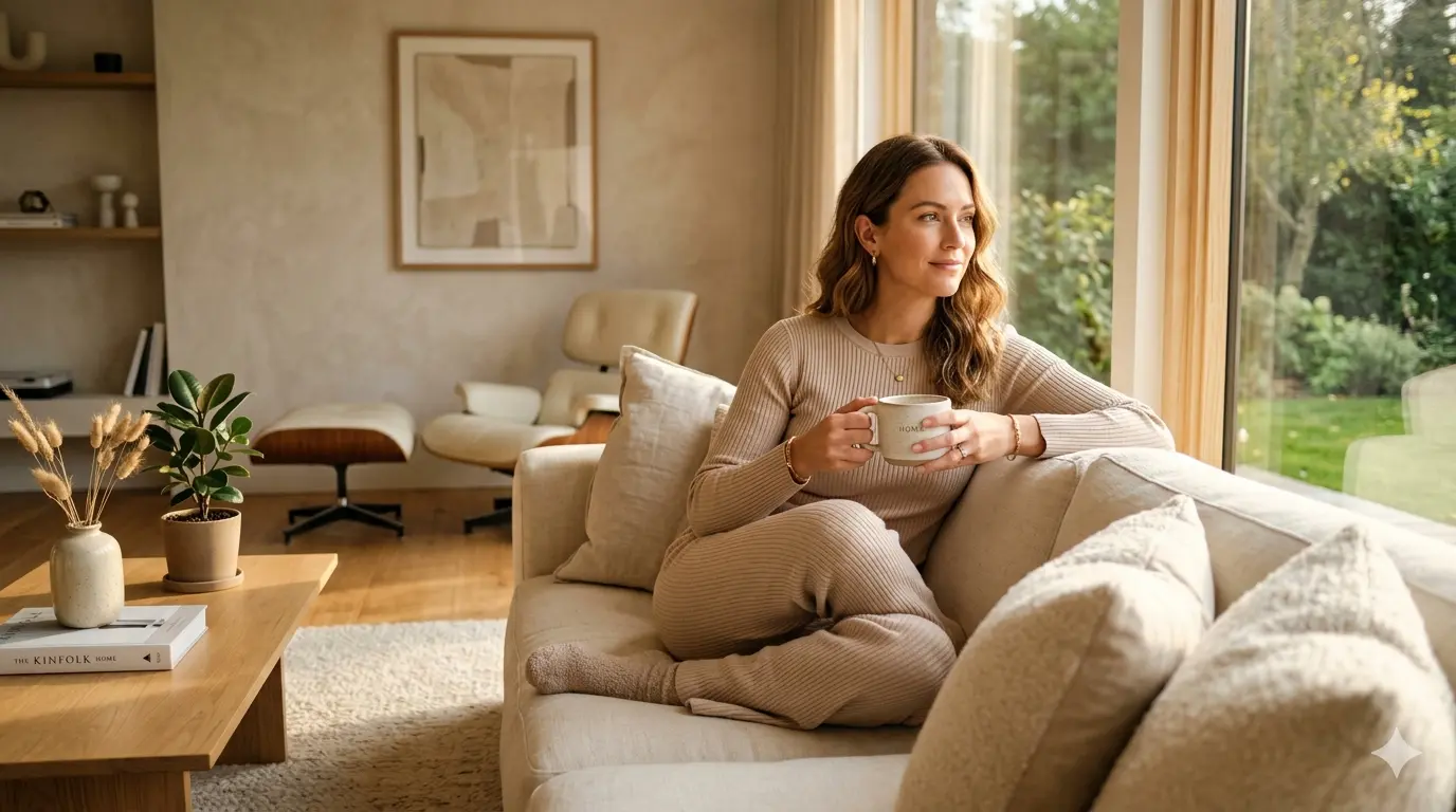Woman wearing a comfortable beige ribbed loungewear set relaxing at home with a coffee mug