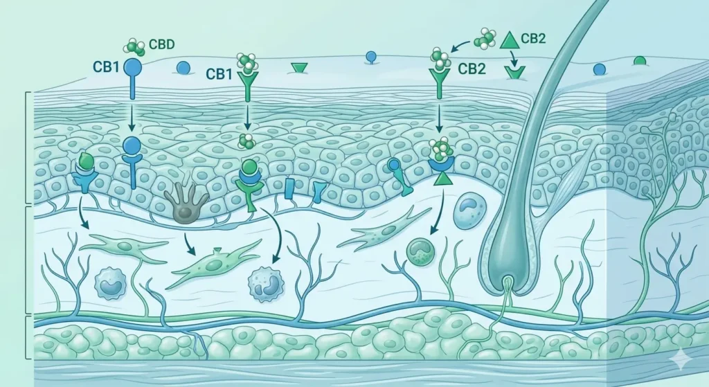 Scientific illustration of CBD interacting with skin endocannabinoid system receptors in human skin layers