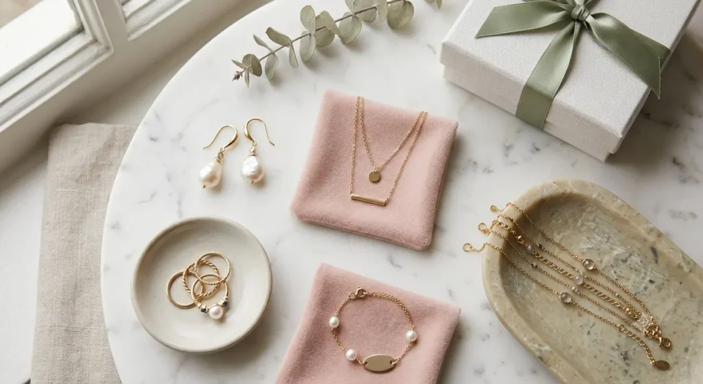 Cute jewelry ideas flat lay with gold chains, hoops, and rings
