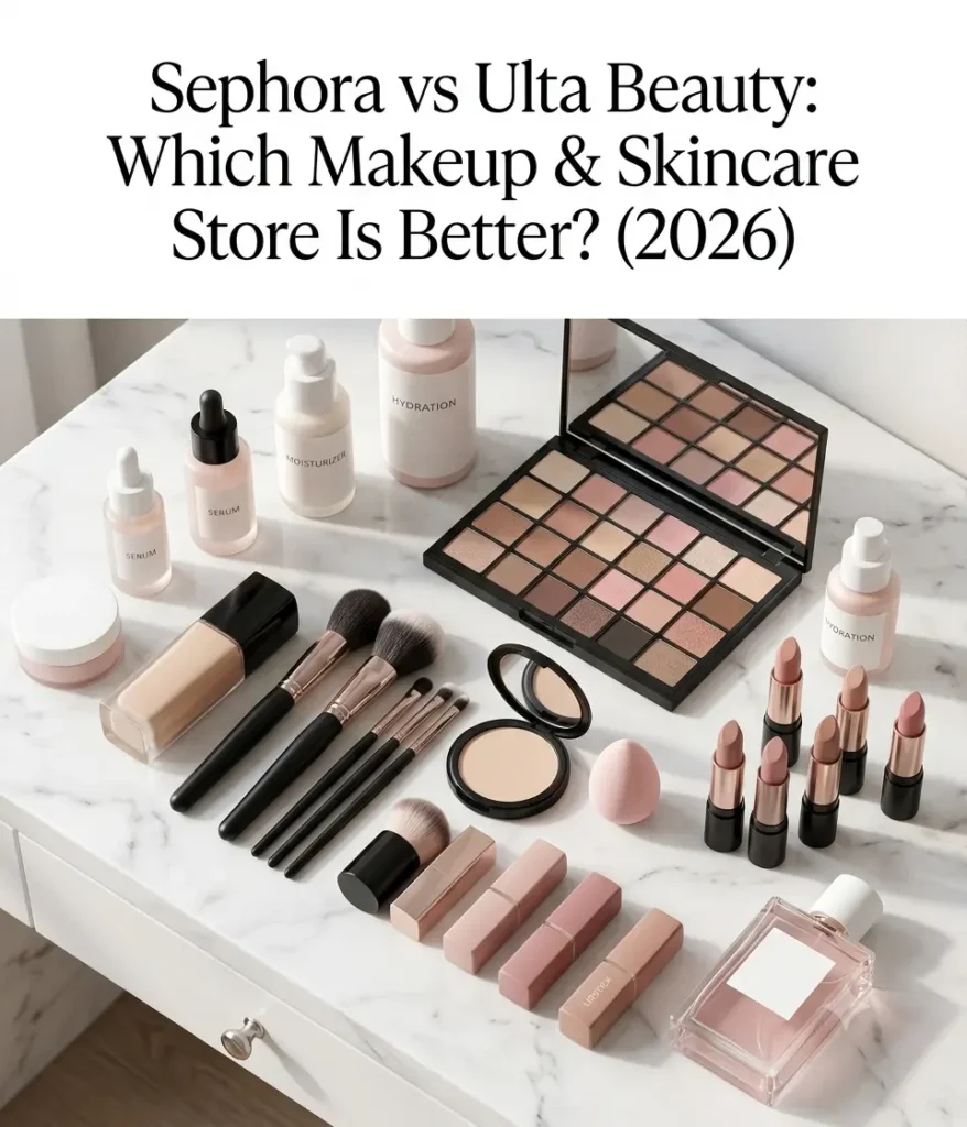 Sephora vs Ulta Beauty comparison featuring luxury and drugstore makeup products arranged on a clean beauty vanity