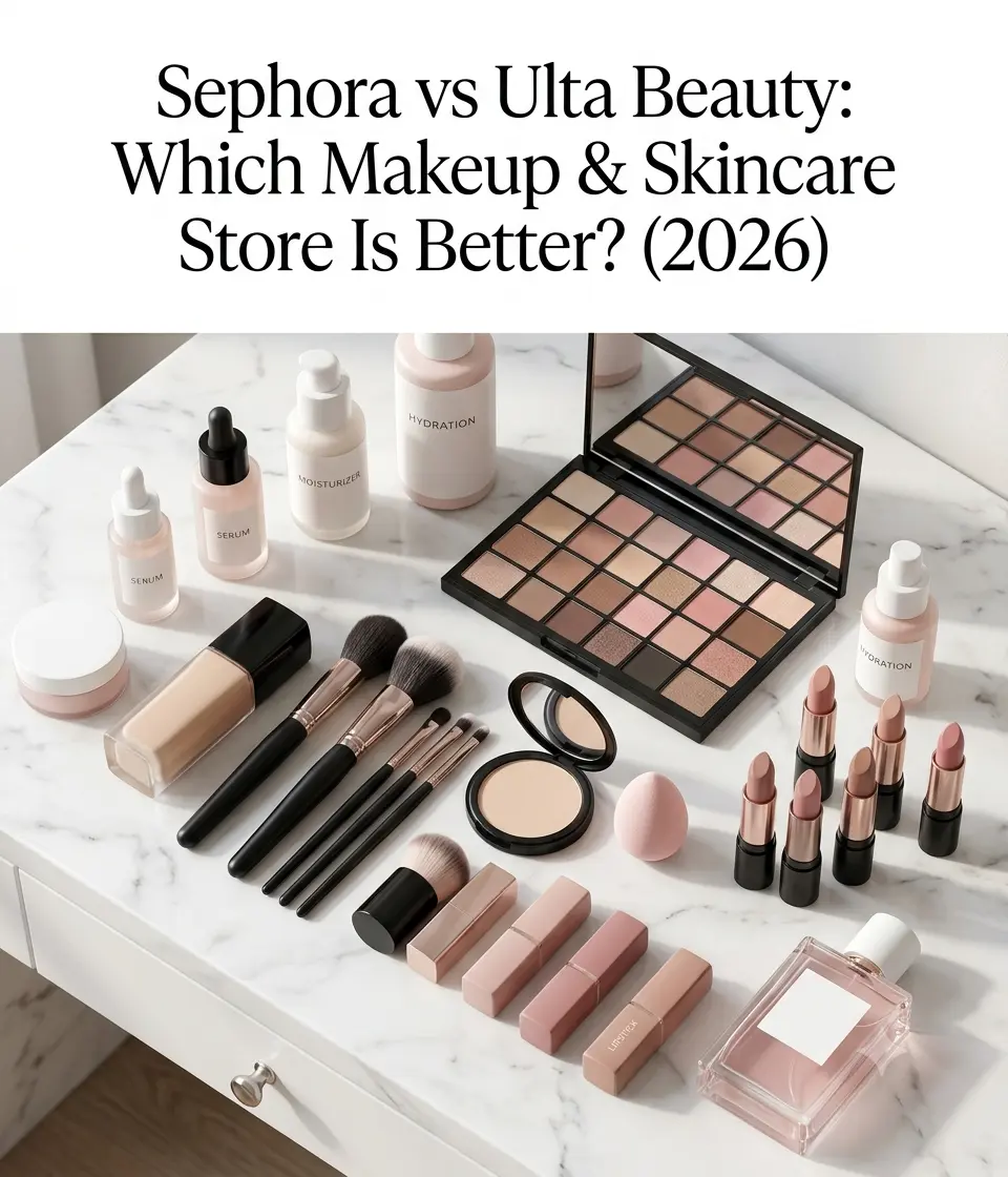 Sephora vs Ulta Beauty comparison featuring luxury and drugstore makeup products arranged on a clean beauty vanity